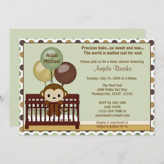 MONKEY Baby-Duscheneinladung Mod-Hülsen-Pop-Krippe Einladung (Vorne/Hinten)