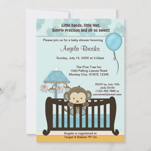 MONKEY Baby Shooter Invitation Crib CJ-BLUE Junge Einladung (Vorderseite)