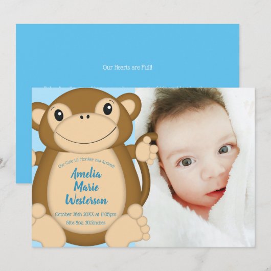 Monkey Baby Shower Blue Einladung (Vorne/Hinten)