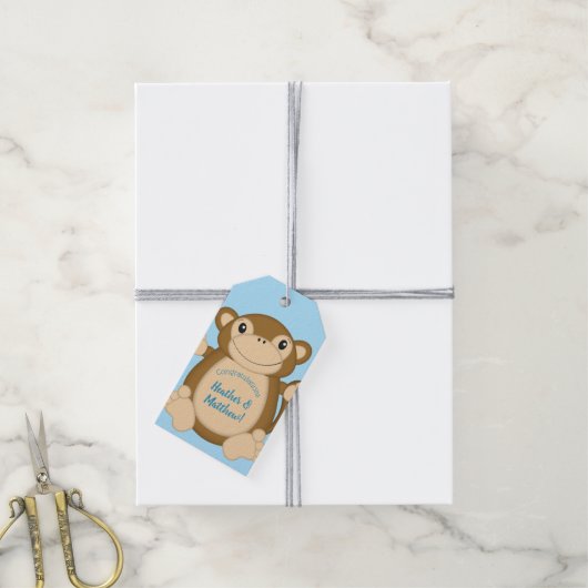 Monkey Baby Shower Blue Geschenkanhänger (Mit Garn)