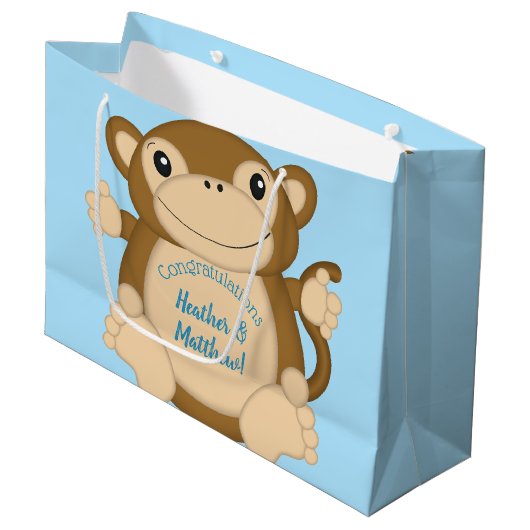 Monkey Baby Shower Blue Große Geschenktüte (Vorderseite Schrägansicht)
