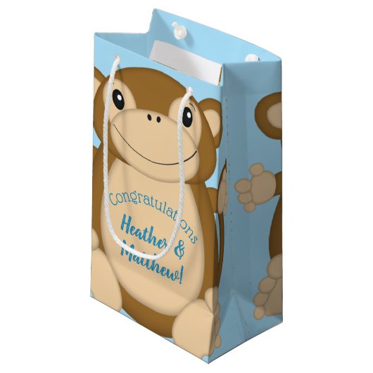 Monkey Baby Shower Blue Kleine Geschenktüte (Vorderseite Schrägansicht)