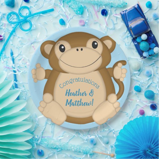 Monkey Baby Shower Blue Pappteller (Party)