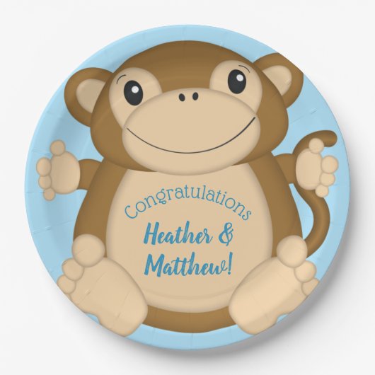 Monkey Baby Shower Blue Pappteller (Vorderseite)