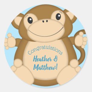 Monkey Baby Shower Blue Runder Aufkleber
