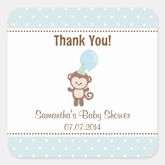 Monkey Baby Shower Danke Stickers (blau) (Vorderseite)