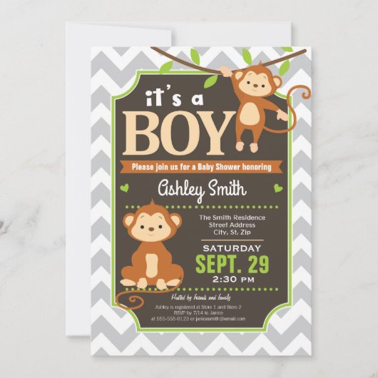 Monkey Baby Shower Einladung Junge (Vorderseite)