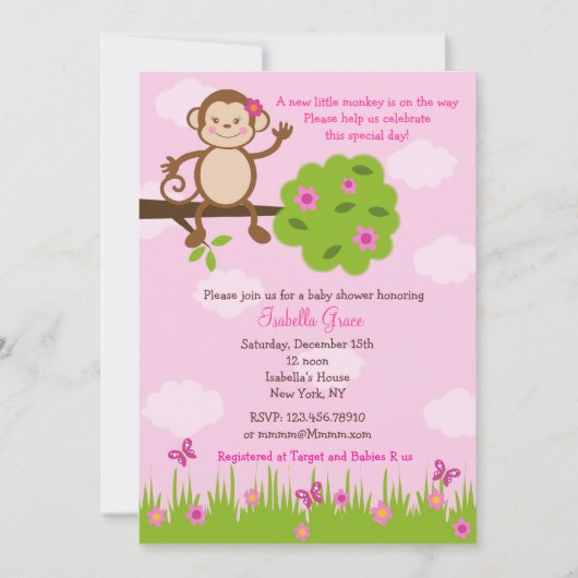 Monkey Baby Shower Einladungen Mädchen (Vorderseite)