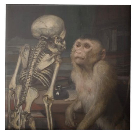 Monkey Before a Skeleton (von Gabriel von Max) Fliese (Vorderseite)