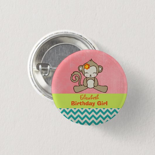 Monkey Birthday Girl Niedlich Kawaii Button (Vorne & Hinten)