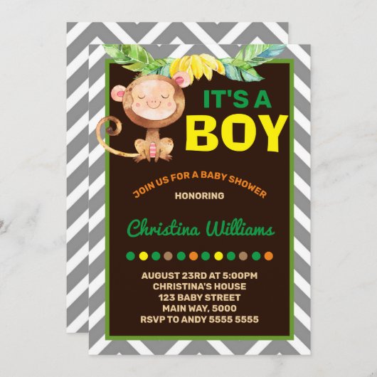 Monkey Boy Baby Shower Dschungel Einladung (Vorne/Hinten)