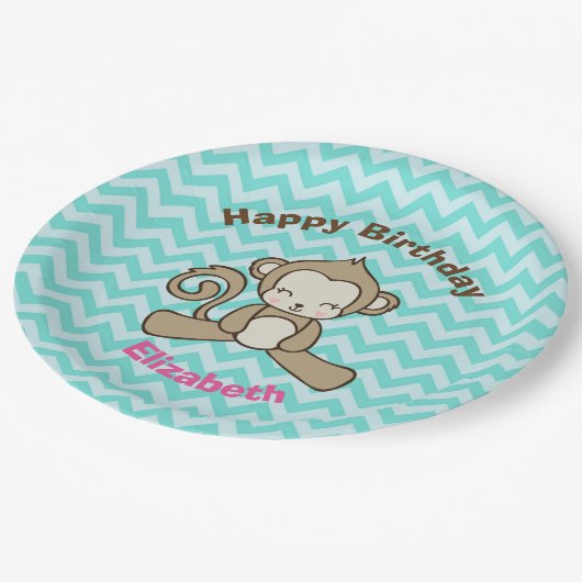 Monkey Cartoon Niedlich Kawaii Happy Birthday Pappteller (Schrägansicht)