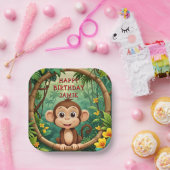 "Monkey Cartoon Party Plate - Custom Text Kids" Pappteller (Party)