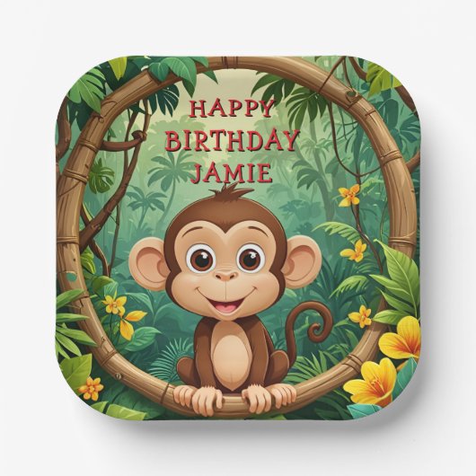 "Monkey Cartoon Party Plate - Custom Text Kids" Pappteller (Vorderseite)