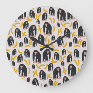 Monkey Chimpanzee & Banana Pattern Große Wanduhr