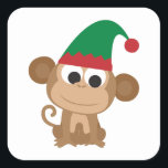 Monkey Christmas Elf Quadratischer Aufkleber<br><div class="desc">Niedlicher Affe</div>