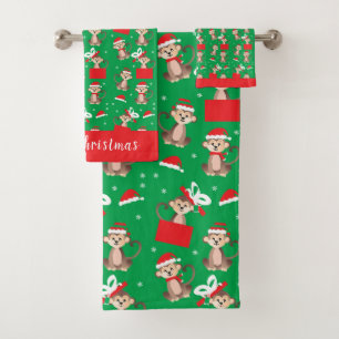 Monkey Christmas Pattern Weihnachtsmannmütze Red G Badhandtuch Set