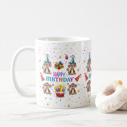 Monkey Cupcake Happy Birthday Mug Kaffeetasse (Mit Donut)
