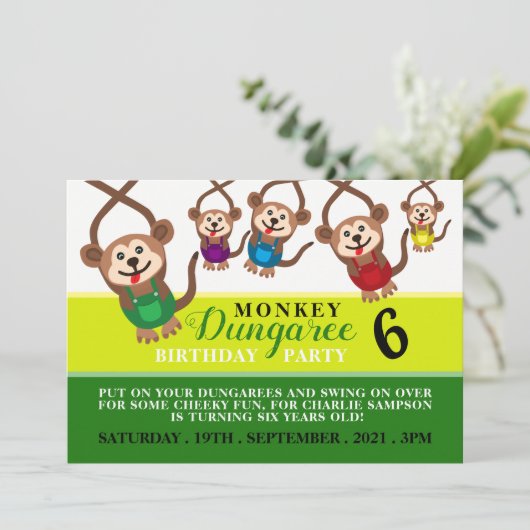 Monkey Dungaree, Kinderpartei Einladung (Stehend Vorderseite)