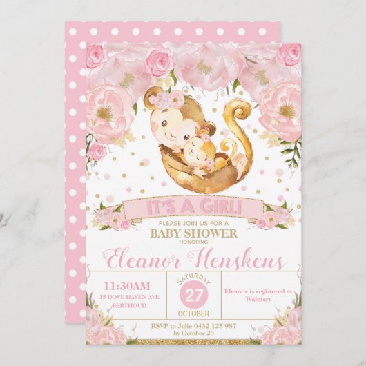 Monkey Floral Baby Shower Invitation Girl Einladung (Vorne/Hinten)