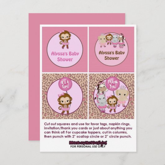 MONKEY Girl Babydusche Cupcake Topper Tu Niedlich Einladungspostkarte (Vorne/Hinten)