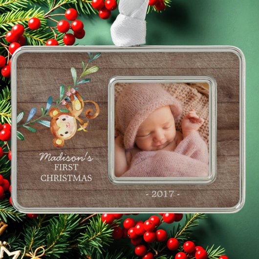 Monkey Girls Baby's First Christmas Foto Ornament Rahmen-Ornament Silber