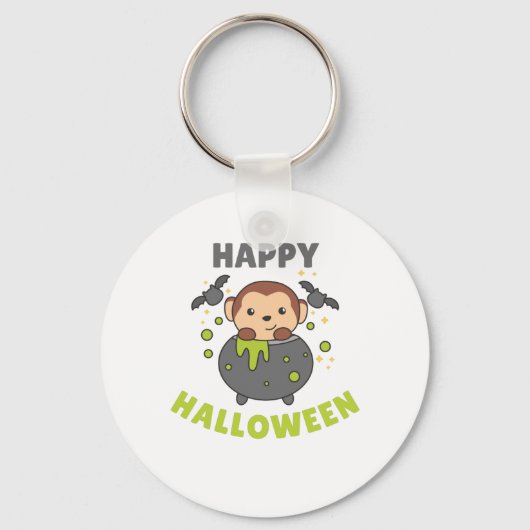 Monkey Happy Halloween Cauldron Bat Schlüsselanhänger (Vorderseite)