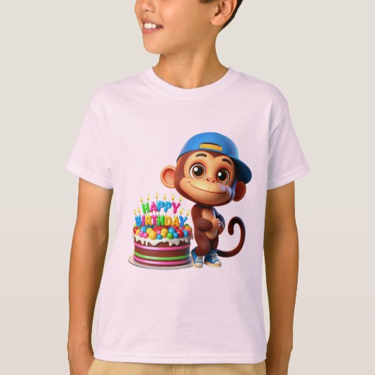  Monkey in a Baseball Cap with a Cake, Happy Birth T-Shirt (Vorderseite)