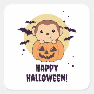 Monkey In Pumpkin Cute Monkeys Happy Halloween Quadratischer Aufkleber