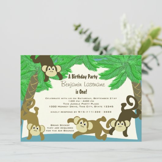 Monkey Jungle Birthday Einladung (Stehend Vorderseite)