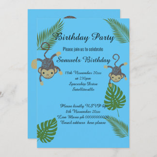 MONKEY JUNGLE BLAUE KINDER GEBURTSTAG EINLADUNG