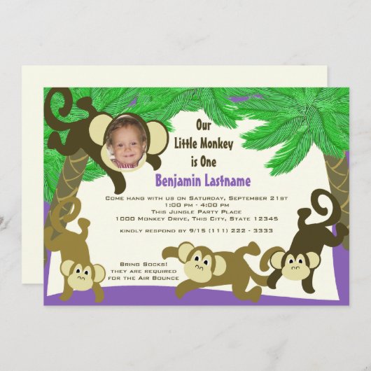 Monkey Jungle Geburtstag mit Foto Einladung (Vorne/Hinten)