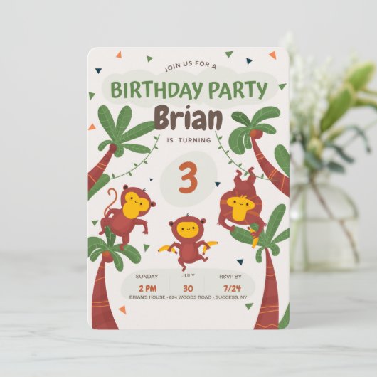 Monkey Jungle Geburtstagsparty Einladung (Stehend Vorderseite)