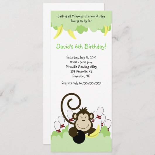 Monkey Jungle Safari Bowling Party 4x9 Einladung (Vorne/Hinten)