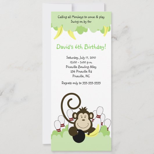 Monkey Jungle Safari Bowling Party 4x9 Einladung (Vorderseite)