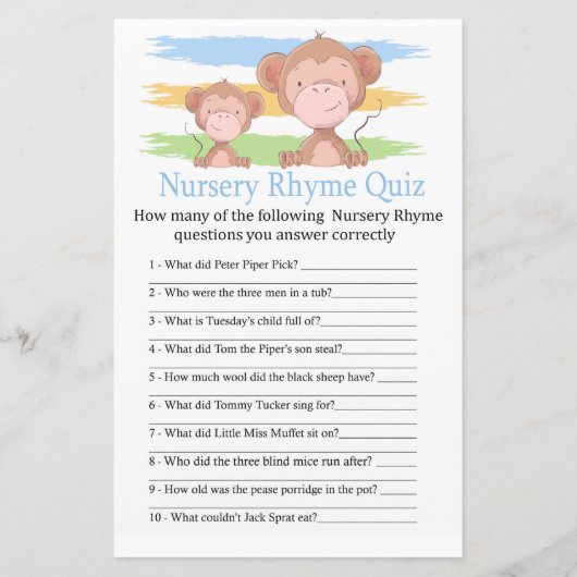 Monkey Kinderzimmer Rhyme Quiz Babyduschenspiel (Vorderseite)