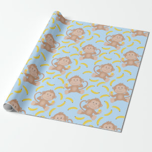 Monkey Munching Banana Blue Geschenkpapier