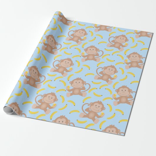 Monkey Munching Banana Blue Geschenkpapier (Ungerollt)