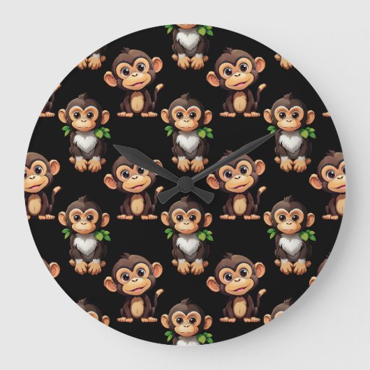 Monkey Pattern Design Black  Große Wanduhr (Vorderseite)