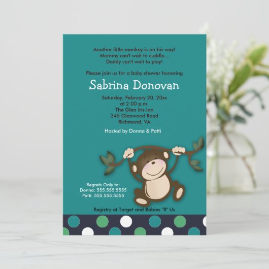 MONKEY PLAY 12x18 BLUE BOY BABY SHOWER Einladung (Stehend Vorderseite)