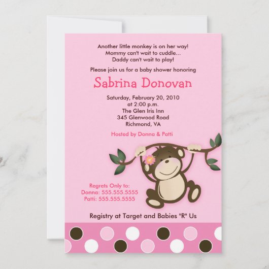 MONKEY PLAY 12x18 PINK GIRL BABY SHOWER Einladung (Vorderseite)
