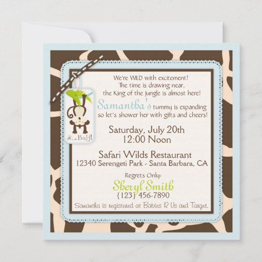 Monkey Schnuller Safari Jungle Babydusche Einladung (Rückseite)