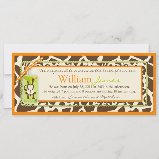 Monkey & Schnuller Safari Print Birth Ankündigung (Rückseite)