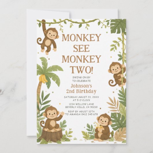 Monkey See Monkey Two Dschungel 2. Geburtstag Einladung (Vorderseite)