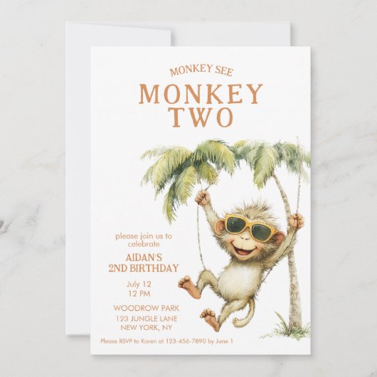 Monkey See Monkey Zweiter Geburtstag Einladung (Vorderseite)