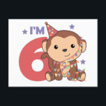 Monkey Sixth Birthday Kids 6 Years Old Postcard Postkarte<br><div class="desc">A sixth birthday monkey for the birthday party. Monkeys are cute animals and the favorite animal of many boys and girls. Whether boy or girl for a birthday an animal for six year olds.</div>