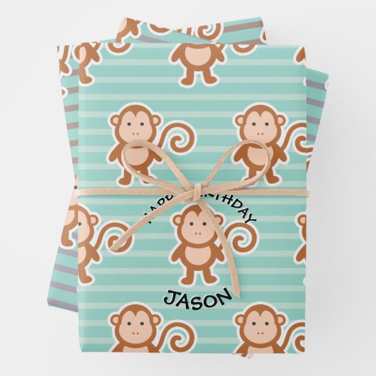Monkey Stripes Happy Birthday Geschenkpapier Set (Beispiel)