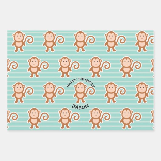 Monkey Stripes Happy Birthday Geschenkpapier Set (Vorderseite)