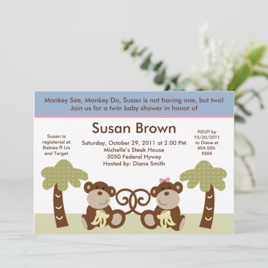 Monkey Time Twins Kinderdusche Einladung (Stehend Vorderseite)