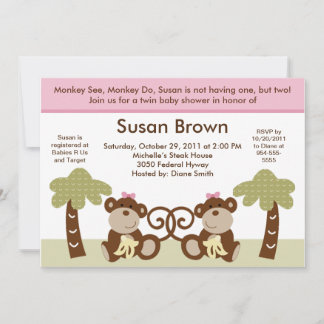 Monkey Twins Baby Girls Dusche Einladung
